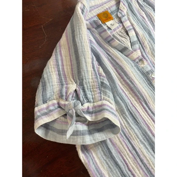 Ruby Rd Womens Cotton Gauze Striped Henley Top Medium Coastal Beachy Casual - Picture 5 of 5
